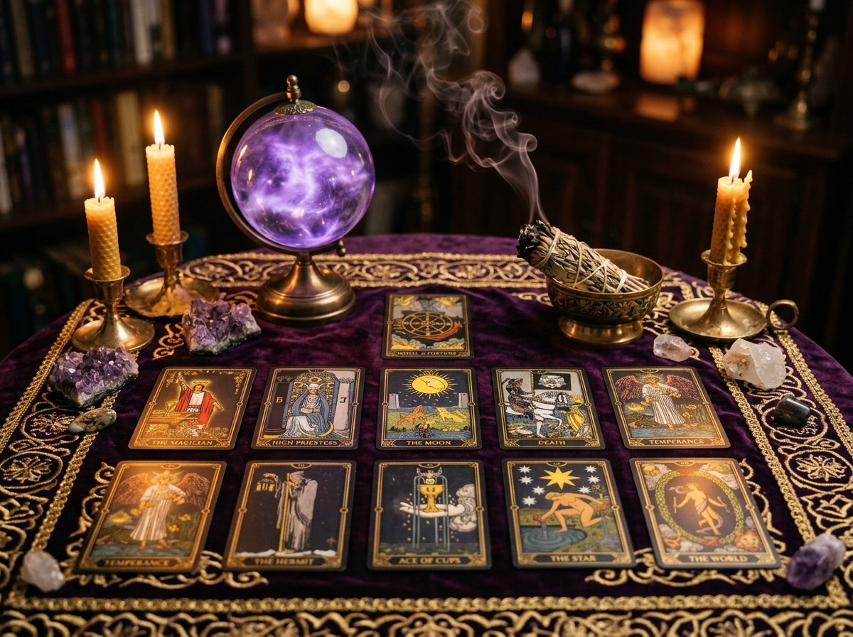 Consulta de Tarot com cartas dispostas em mesa mística